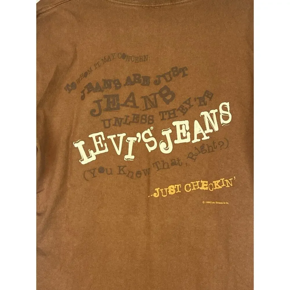 Vintage Levis Single Stitch Graphic T-Shirt XL Made in USA 1996 Typewriter Brown